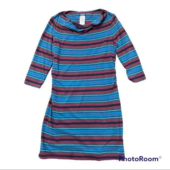Patagonia Dress Mid Sleeve Cotton Striped Summer Fall Large - Picture 2 of 6